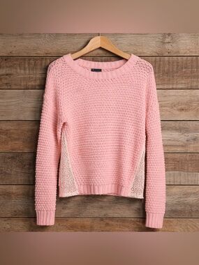 T/O Size Large Pink and White Knit Acrylic Polyester Sweater With Lace Look